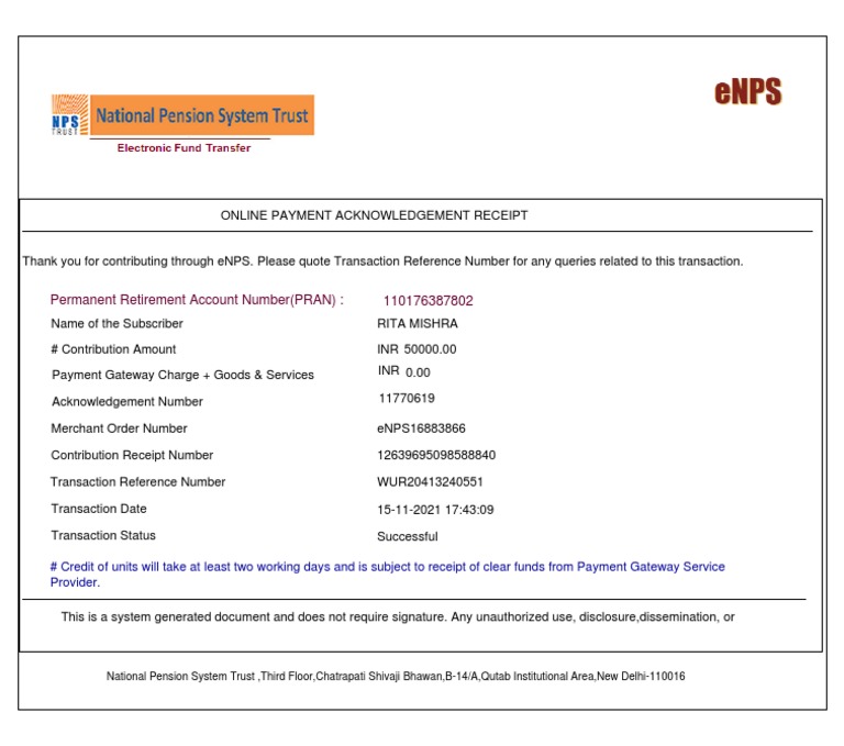 How To Get Payment Receipt For Nps Contribution