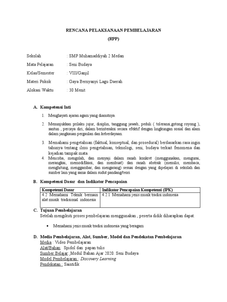 Rpp kelas 8 gaya bernyanyi lagu daerah pdf