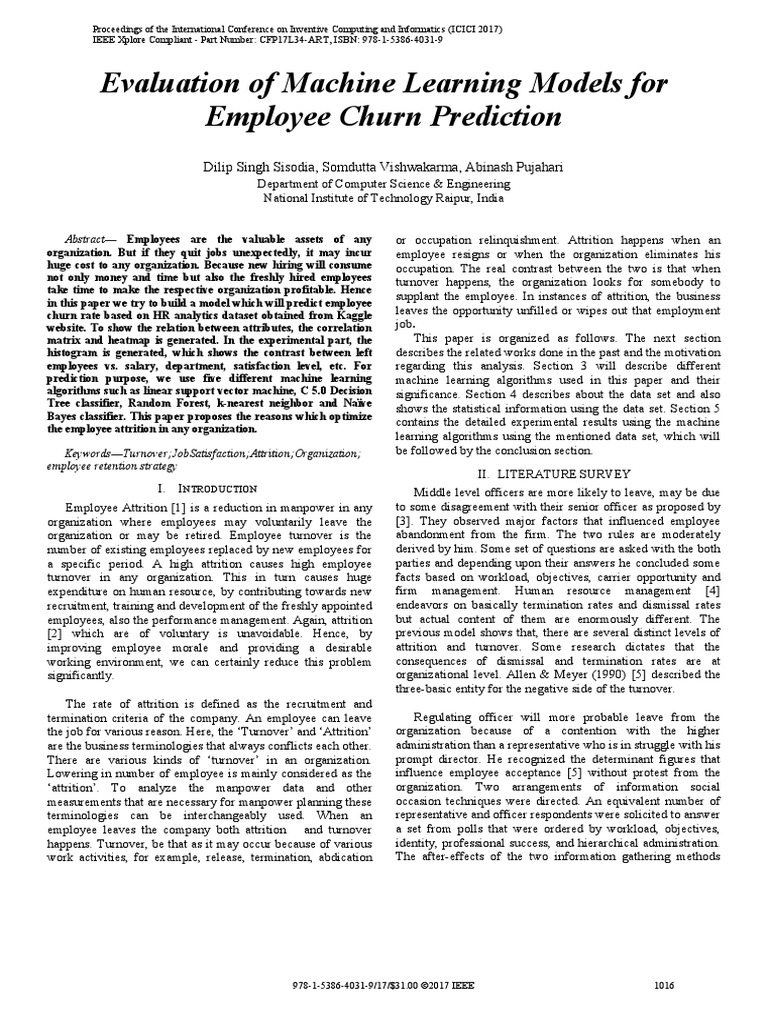 Evaluation of Machine Learning Models For Employee Churn | PDF ...
