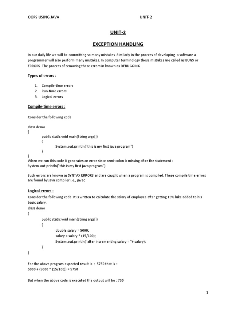 UNIT-2 Exception Handling: Types of Errors | PDF | Method (Computer ...