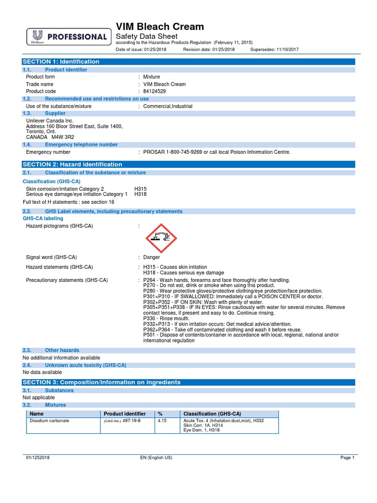 VIM Bleach Cream Safety Data Sheet PDF Firefighting Toxicity