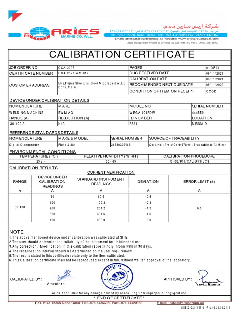 Calibration Certificate Device Under Calibration Details Download