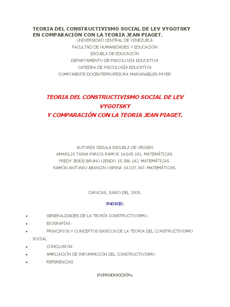 TEORIA DEL CONSTRUCTIVISMO SOCIAL DE LEV VYGOTSKY EN COMPARACIÓN CON LA ...