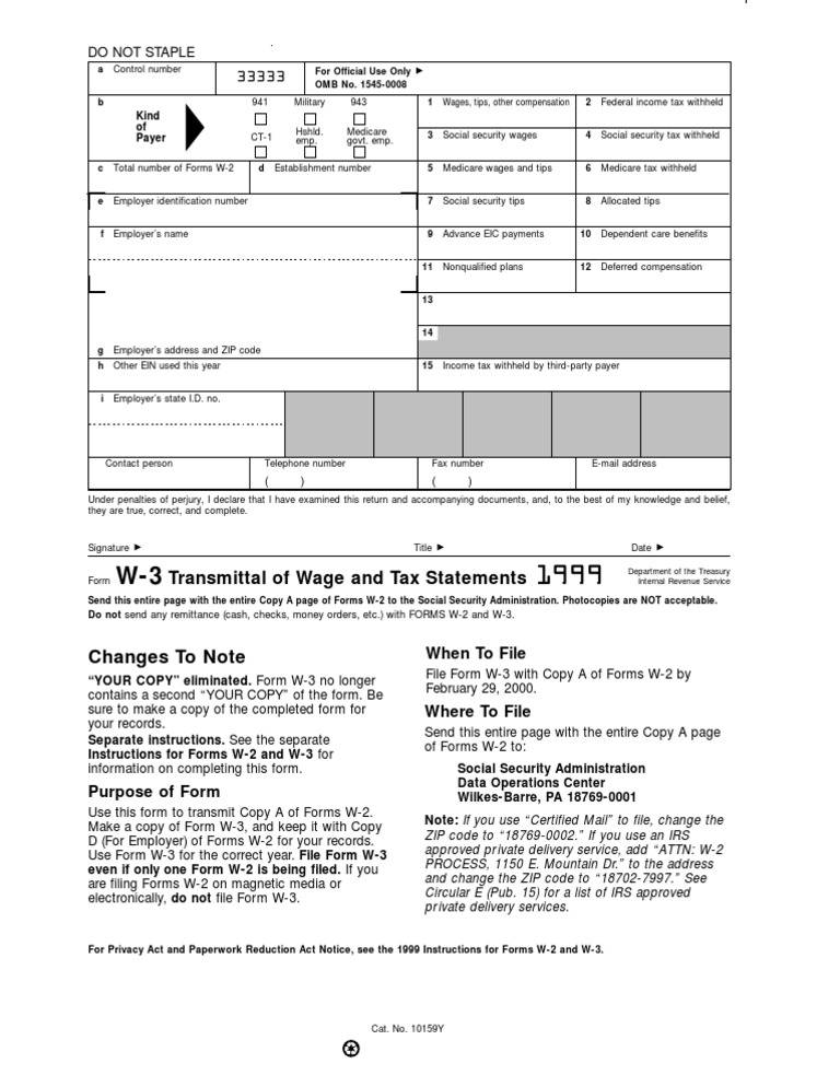 US Internal Revenue Service: fw3 - 1999 | PDF | Irs Tax Forms ...
