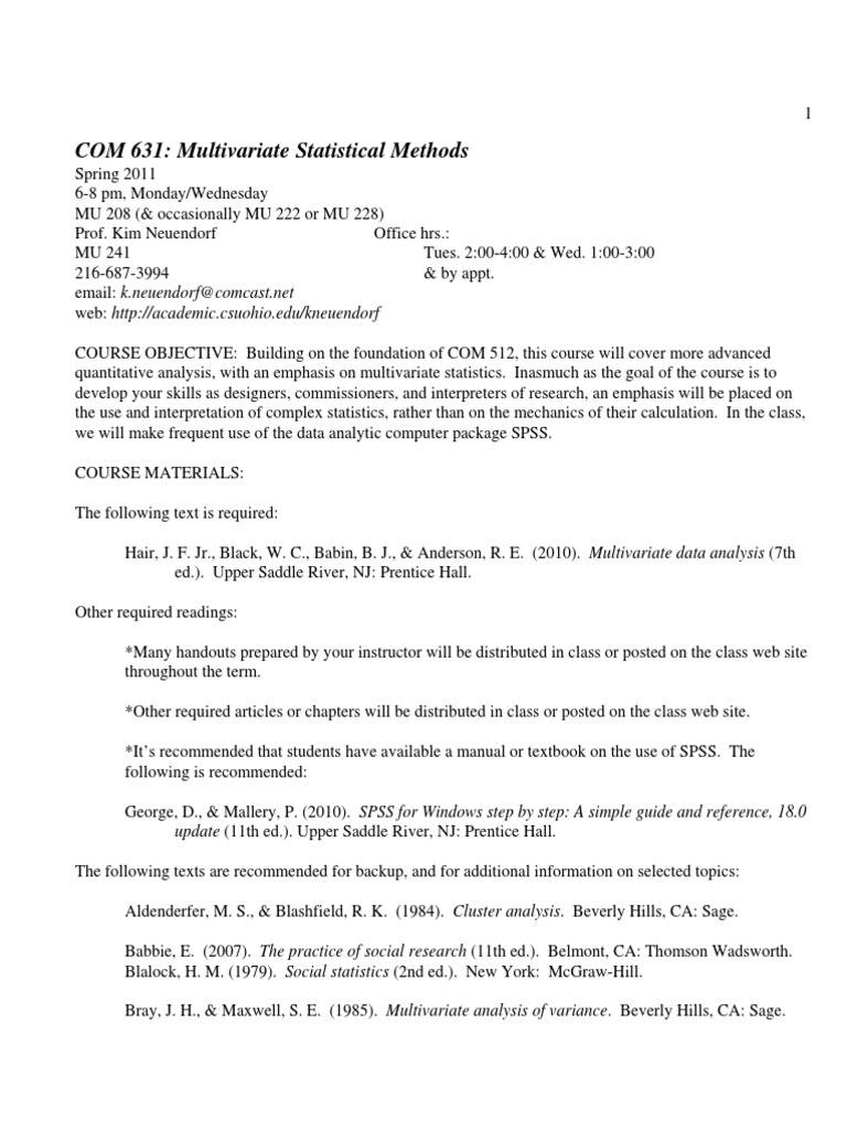 COM 631 Multivariate Statistical Methods Update (11th Ed.) Upper