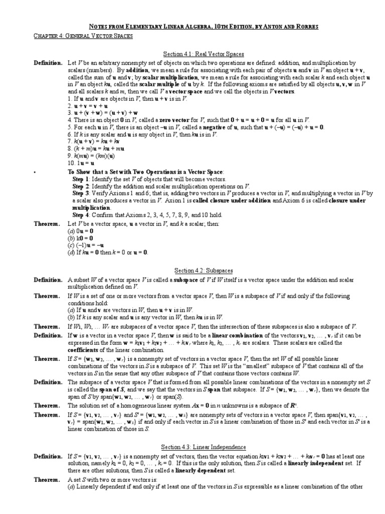 Notes From Anton 10 TH Ed CH 4 | PDF | Vector Space | Basis (Linear ...