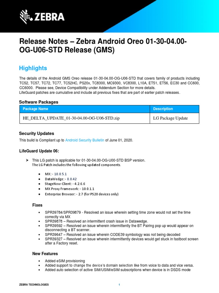 Release Notes - Zebra Android Oreo 01-30-04.00-OG-U06-STD Release (GMS) |  PDF | Android (Operating System) | Image Scanner