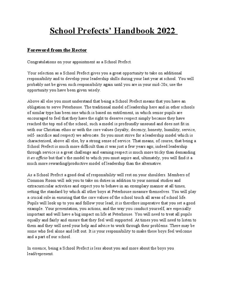 School Prefects' Leadership Handbook | PDF | Sports | Leadership