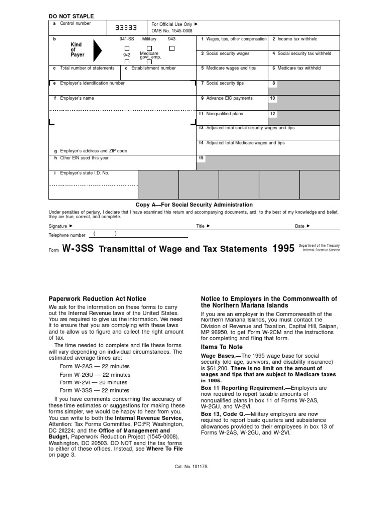 US Internal Revenue Service: fw3ss - 1995 | PDF | Social Security ...