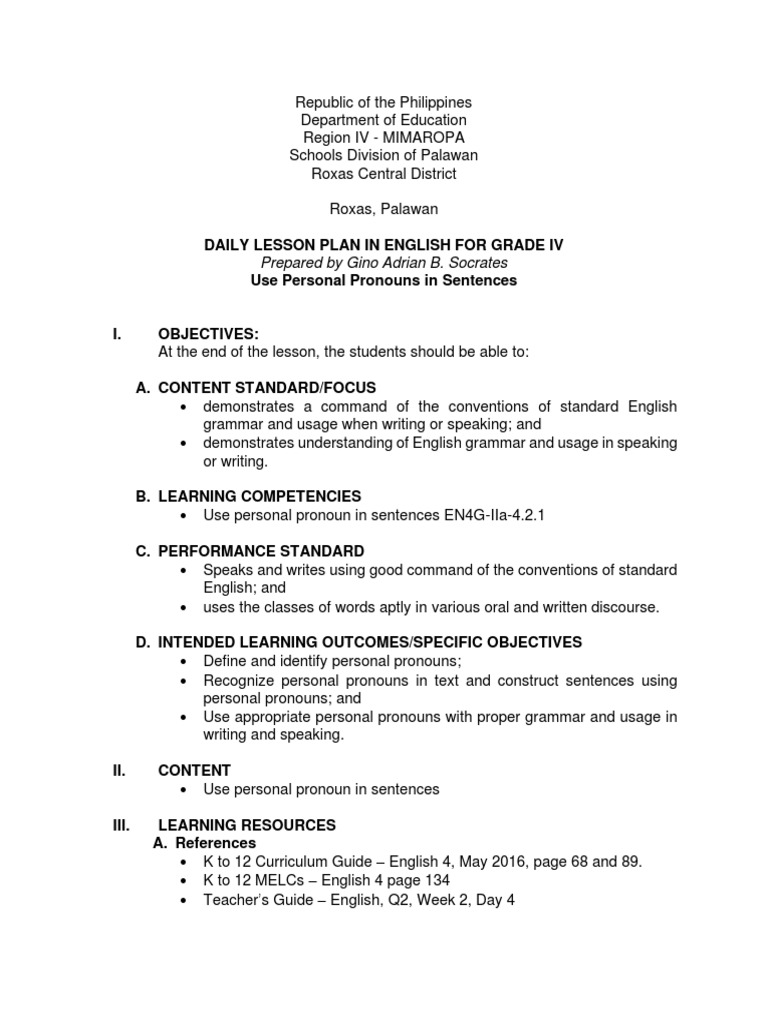 Grade 4 English Lesson Plan | PDF | Teachers | English Language