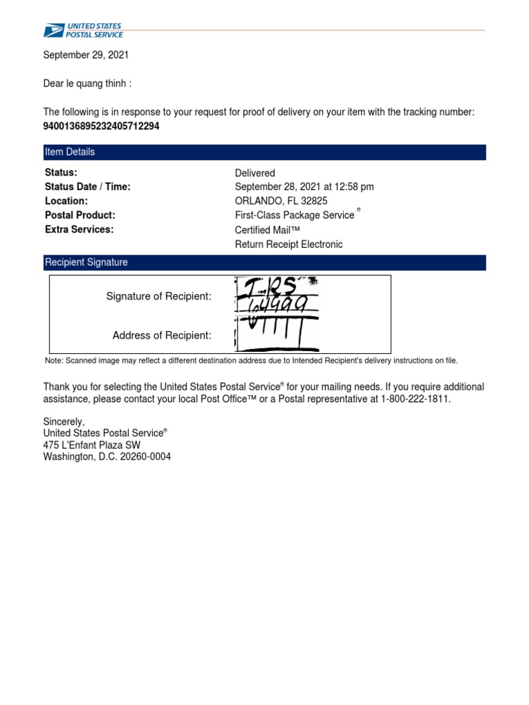 Usps Electronic Return Receipt PDF