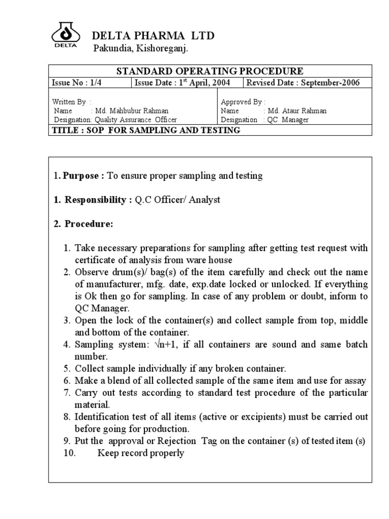 SOP For Sampling and Testing PDF