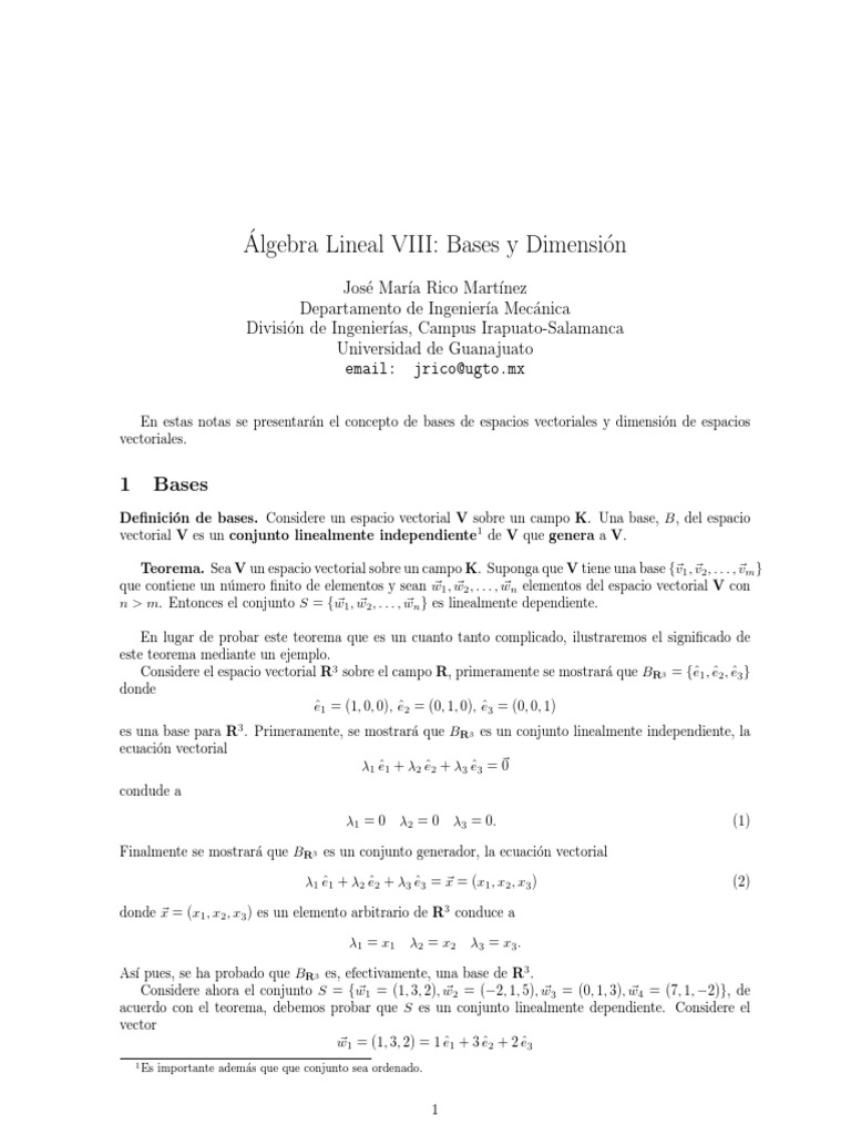 Algebra Lineal 8 | PDF | Base (álgebra lineal) | Espacio vectorial
