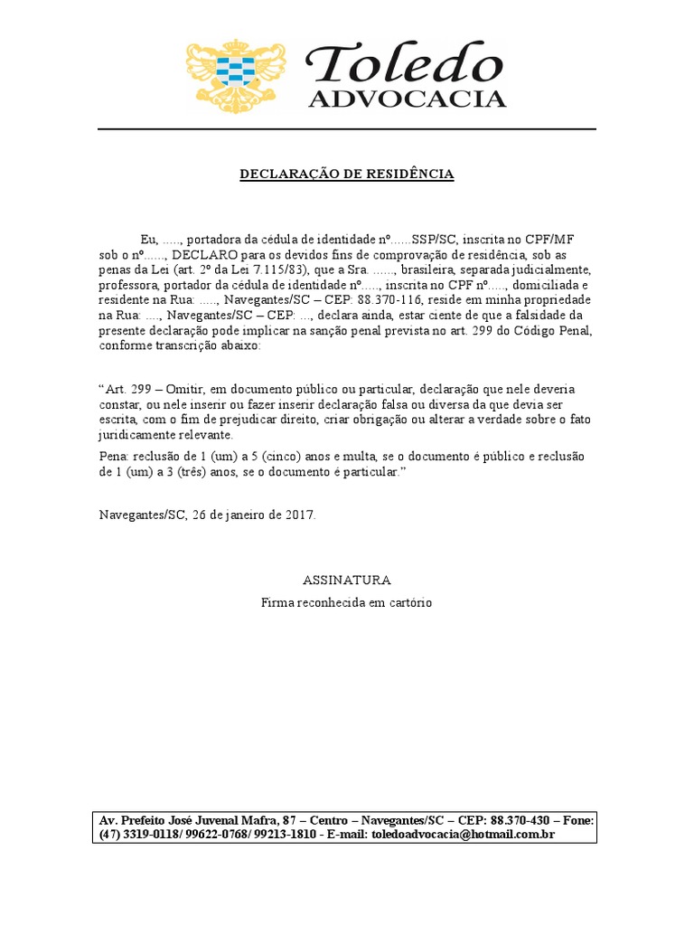 Declaração de Residência PARA PREENCHER | PDF