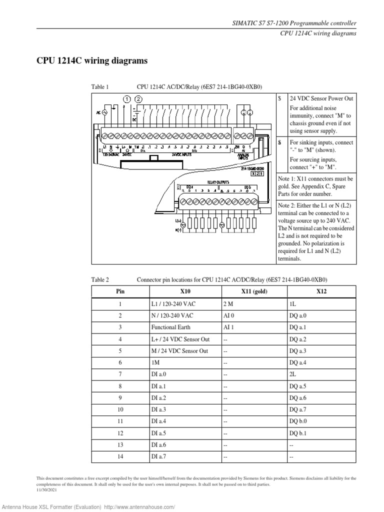 SIMATIC S7 S7-1200 CPU 1214C Wiring Diagrams | PDF | Electric Power