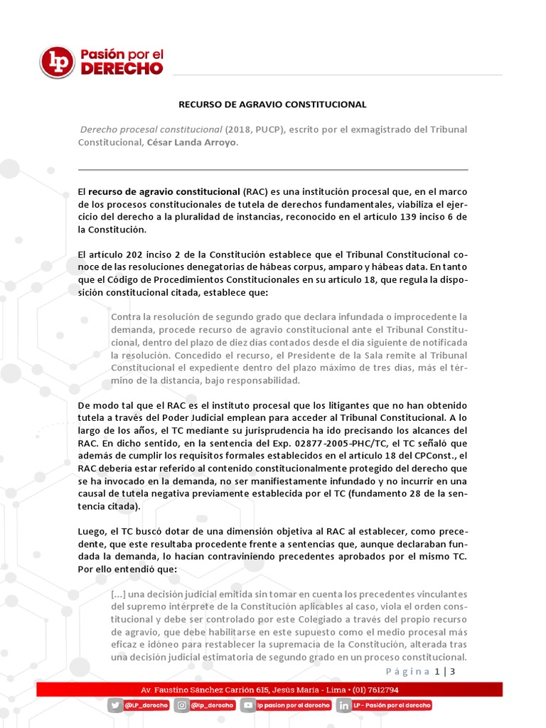 Recurso de Agravio Constitucional en LP | PDF | Ley procesal ...