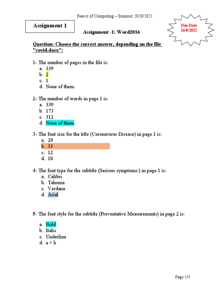 Assignment 1: Assignment - 1: Word2016 Question: Choose The Correct ...