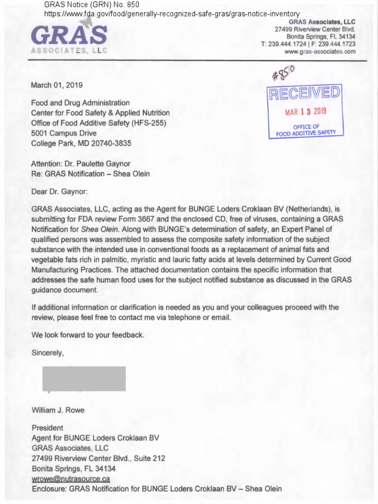 GRAS Notice GRN 850 Shea Olein PDF Federal Food Food And Drug