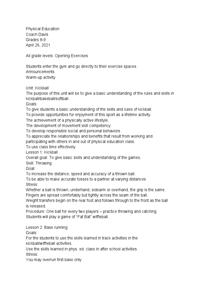 Kickball 1 Lesson Plan PDF Physical Education Softball