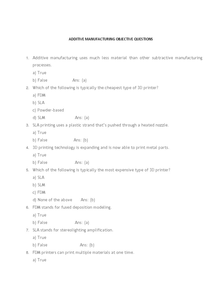 Additive Manufacturing Quiz Questions | PDF | 3 D Printing | Crafts