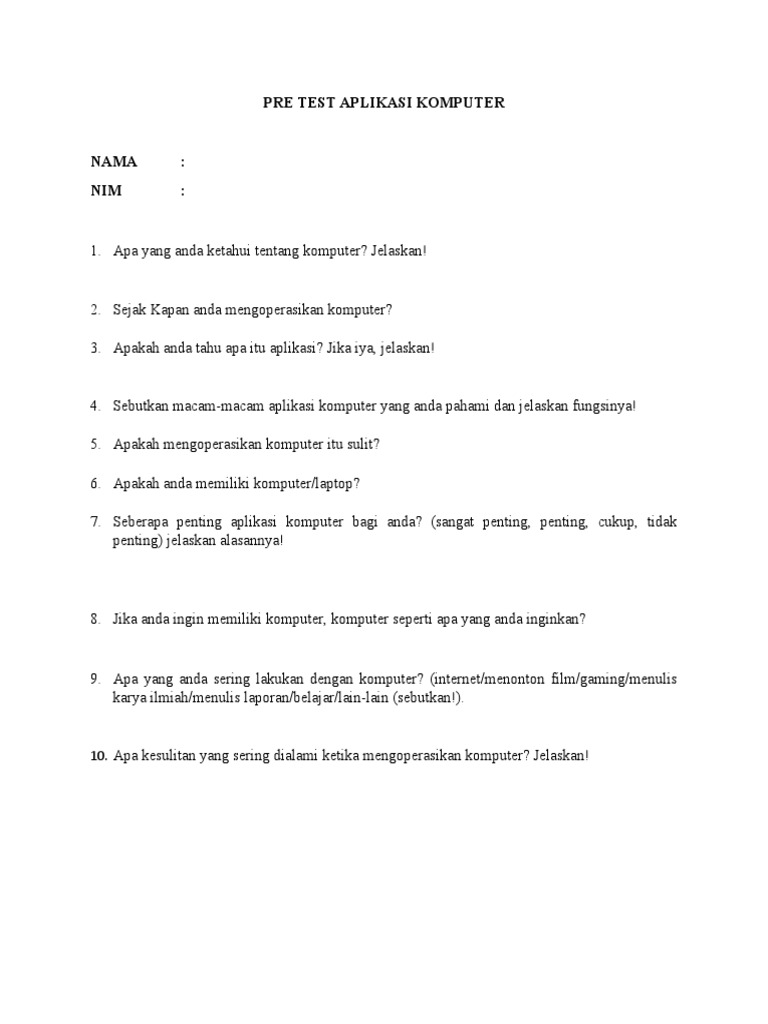 Pre Test Pengetahuan Aplikasi Komputer | PDF