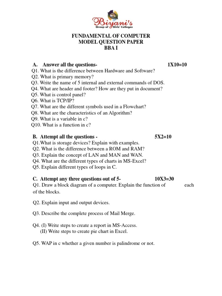 Computer Fundamentals Model Exam Paper | PDF | Software Engineering ...