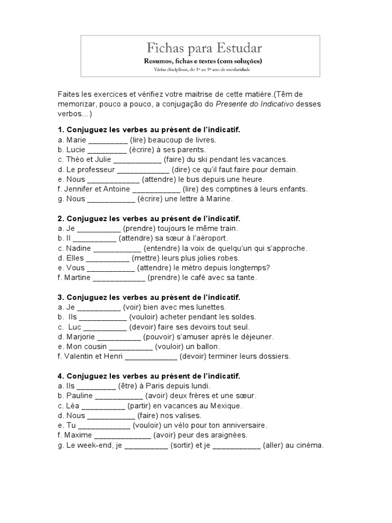 Conjugaison Du Verbe Attendre Au Présent De L indicatif Ficha Presente 3 | PDF