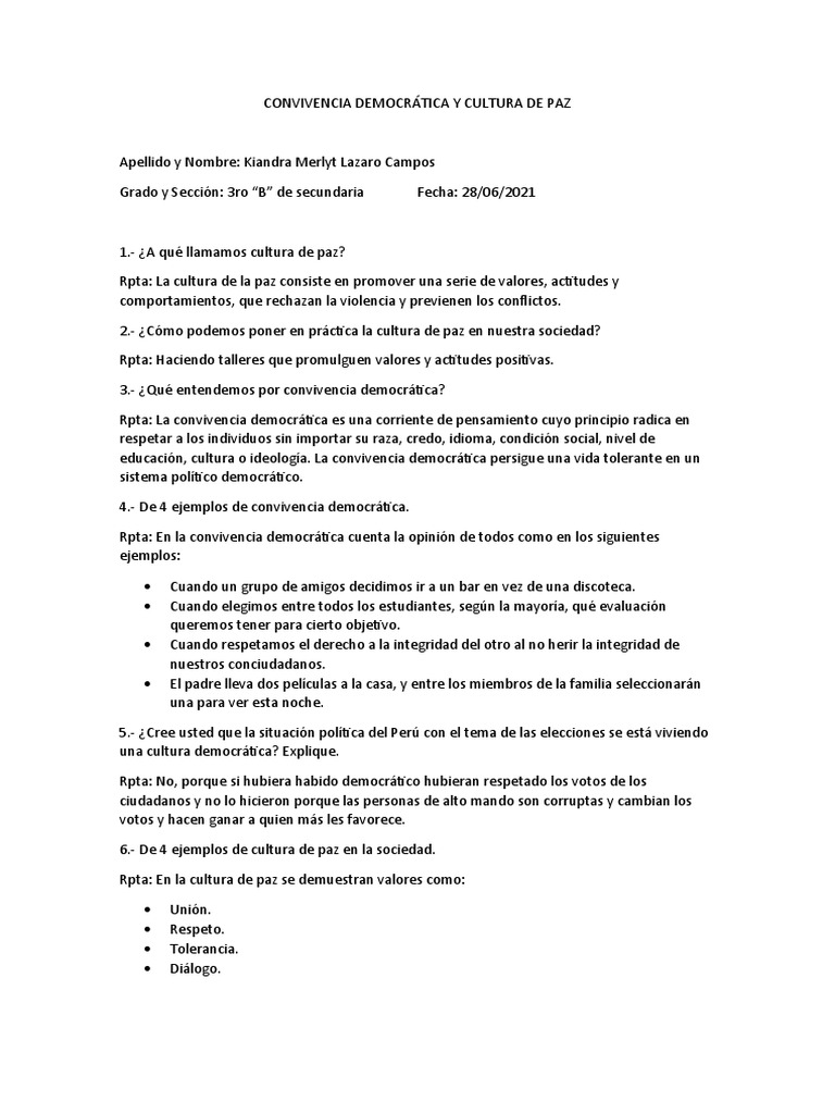 Convivencia Democrática y Cultura de Paz | PDF | Ciencias sociales