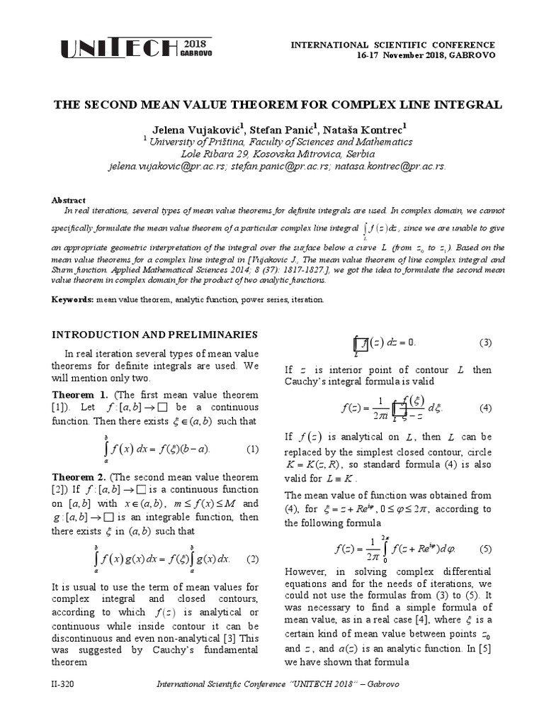 The Second Mean Value Theorem For Complex Line Integral: Jelena ...