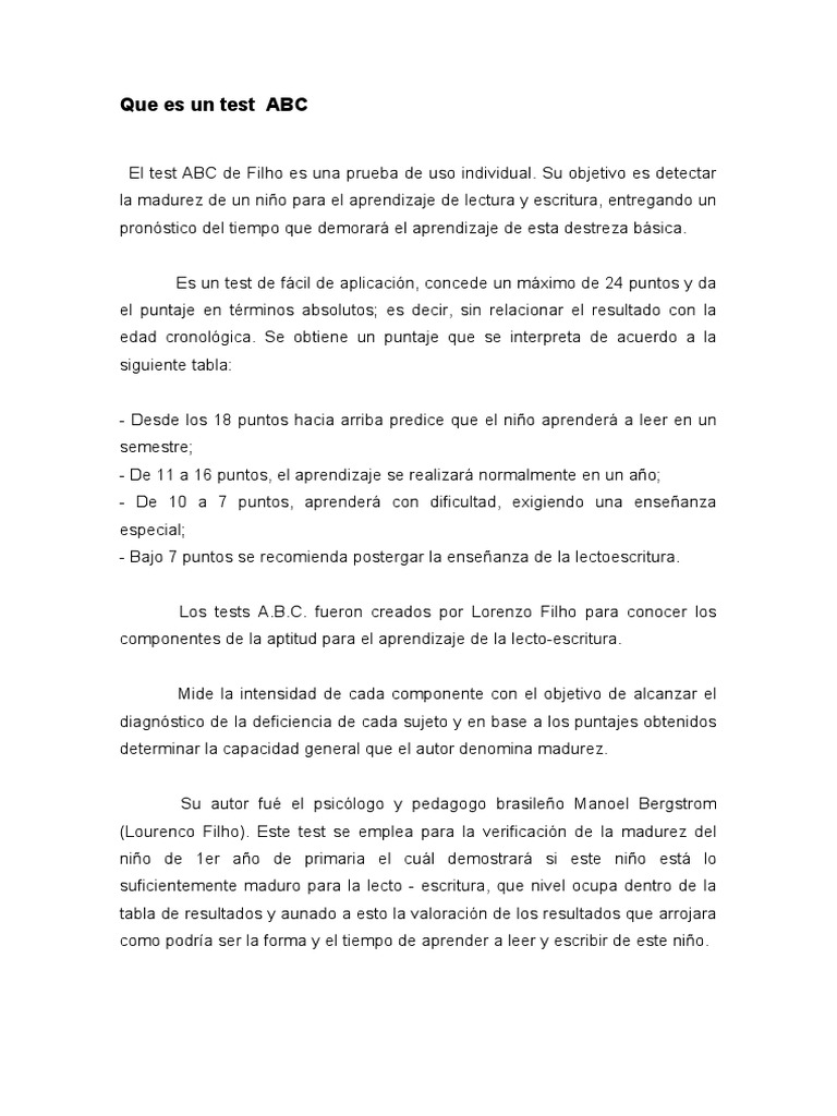 Test ABC de Filho: Evaluación de Madurez Infantil | PDF