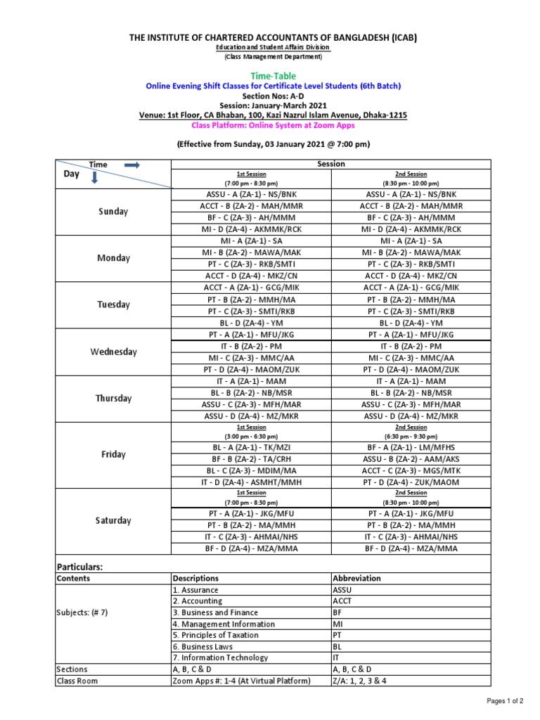 (Set-2), Time-Table For Online CL Classes (6th Batch), Session, Jan-Mar ...