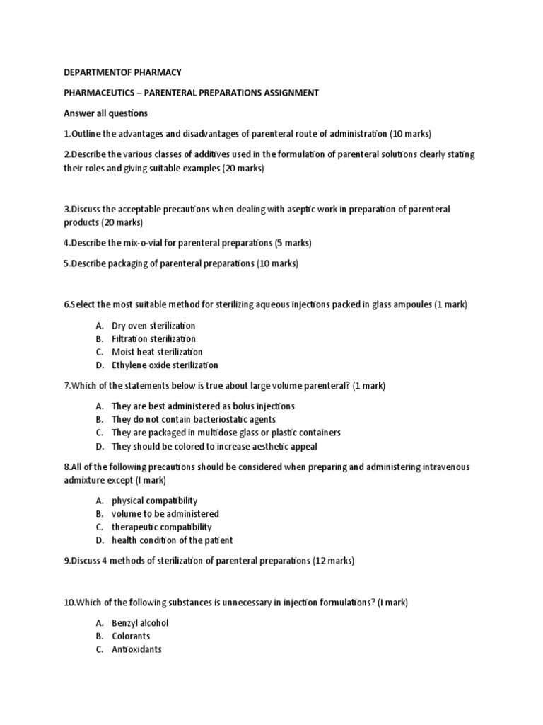 Parenteral Preparations Assignment PDF Sterilization (Microbiology) Intravenous Therapy