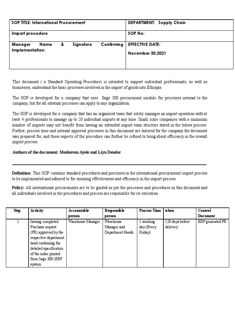 International Procurement Sop Overview Pdf Procurement Supply Chain