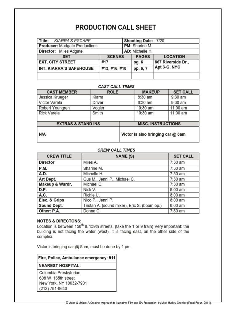 1 production Call Sheet Template PDF