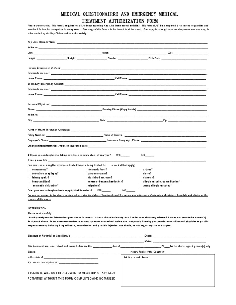 Key Club Emergency Medical Form | PDF | Notary Public | Clinical Medicine