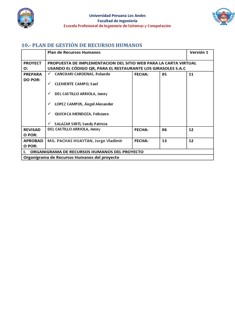 Plan de Gestión de Recursos Humanos en Proyecto | PDF | Ingeniería ...