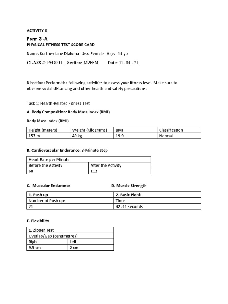 Physical Fitness Test Scorecard | PDF | Body Mass Index | Heart Rate