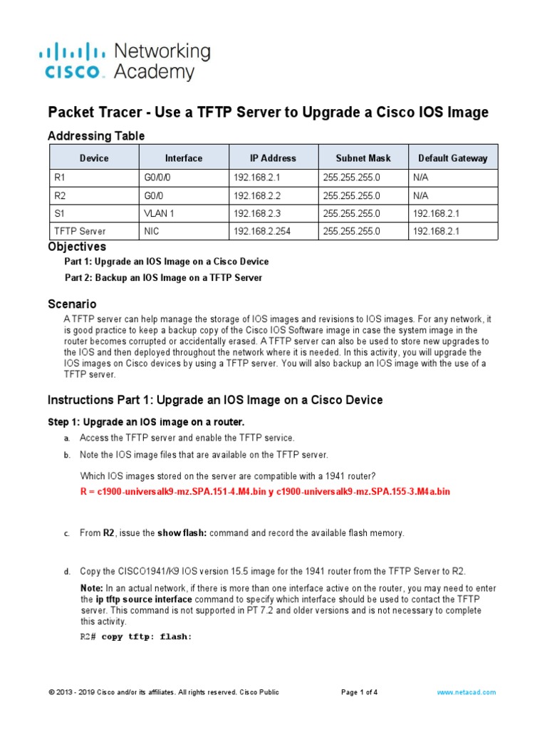 Packet tracer use a tftp server to upgrade a cisco ios image