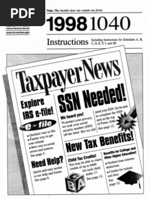 Us Internal Revenue Service I1040 1998 Irs Tax Forms Earned