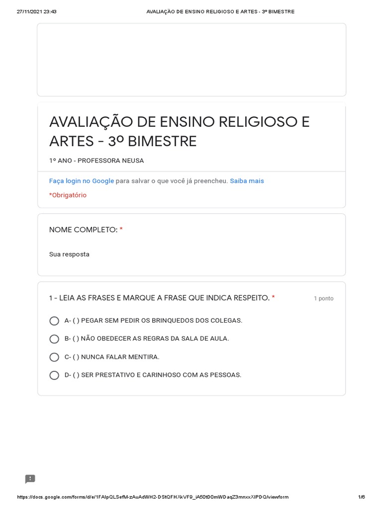 Avaliação de Ensino Religioso - 3º Bimestre | PDF