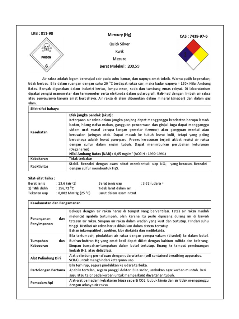 Sifat dan Bahaya Air Raksa (Hg) | PDF