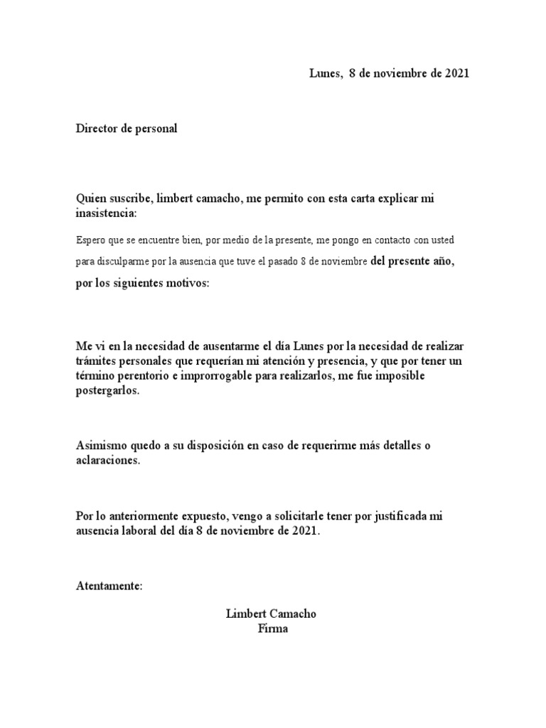 Carta de Justificación de Inasistencia Al Trabajo PDF