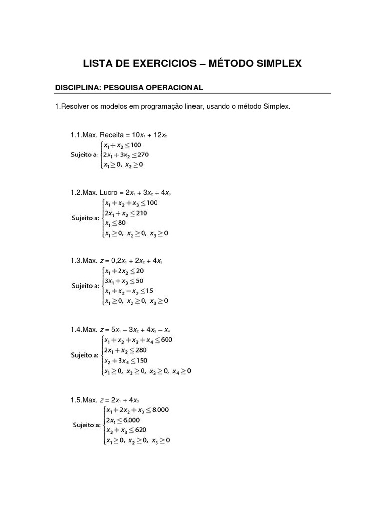 Lista de Exercicios - Mtodo Simplex | PDF | Economias