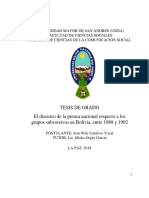 Tesis de Grado El Discurso de La Prensa Nacional Respecto A Los Grupos Subversivos en Bolivia, Entre 1988 y 1992