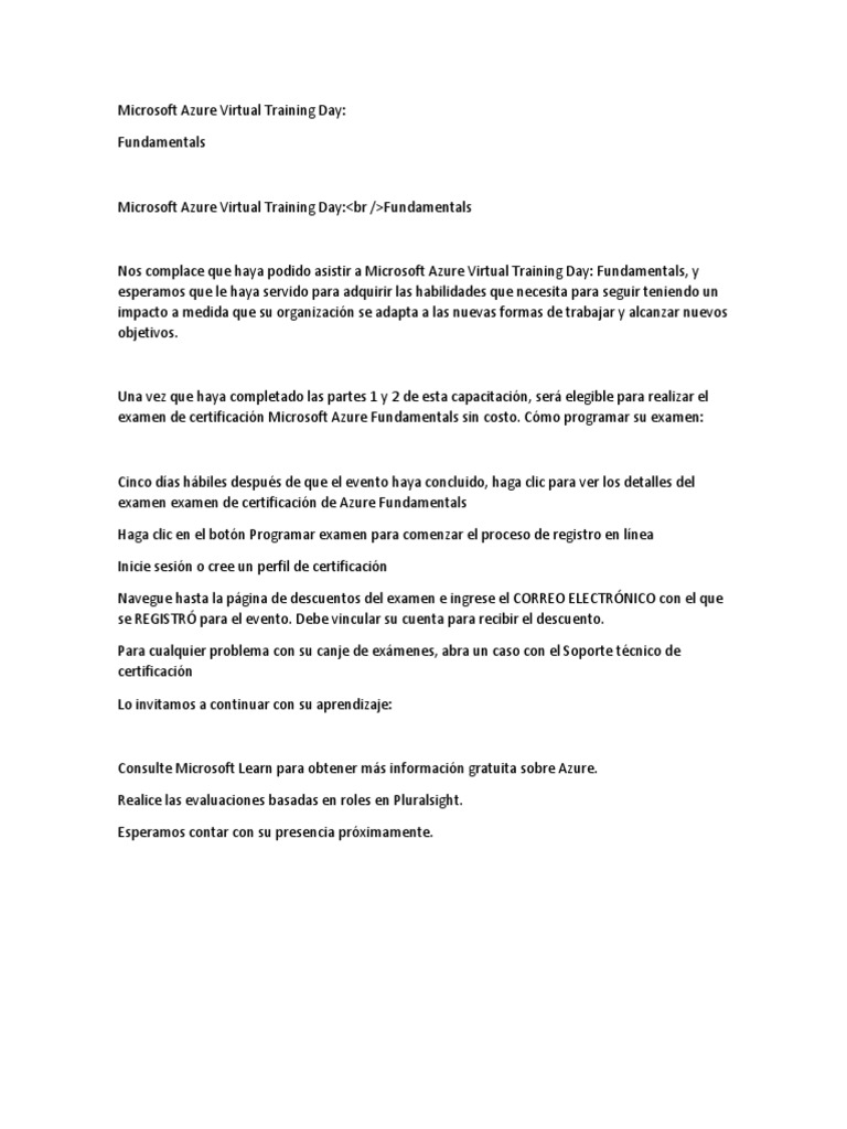 Microsoft Azure Virtual Training Day: Fundamentos | PDF