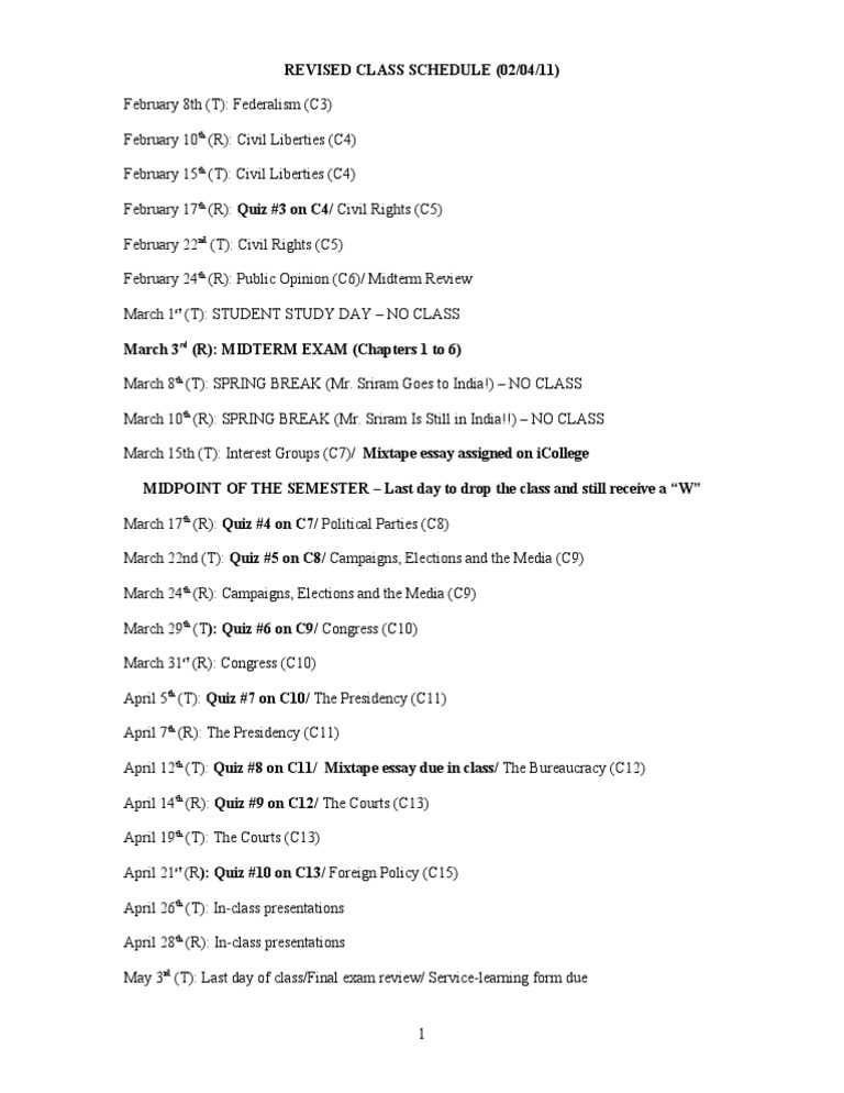 Revised Class Schedule Spring 2011 | PDF