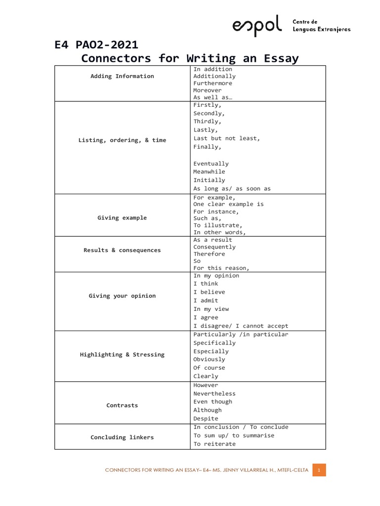 Connectors For Writing An Essay E4 Ms. Jenny Villarreal H., MteflCelta PDF