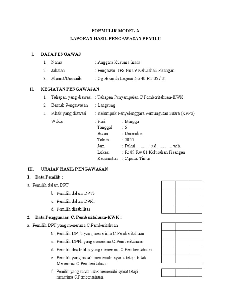 FORM A Minggu, 06 Desember 2020, Penyampaian C.Pemberitahuan-KWK | PDF