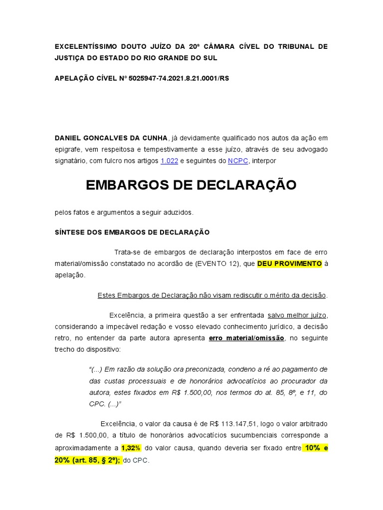 Embargos de Declaração OMISSÃO Honorarios 10 A 20 | PDF | Sentença ...