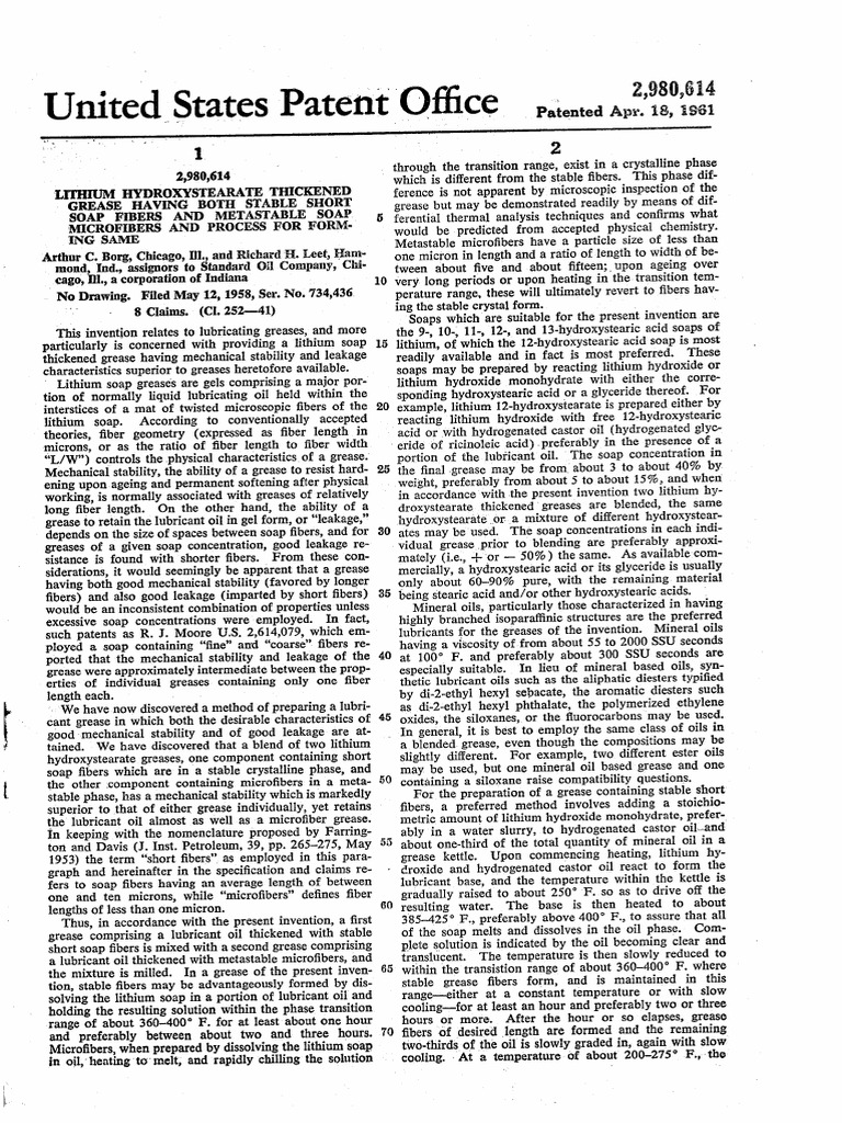 US2980614 Lithium Hydroxystearate Thickened Grease Having Both Stable